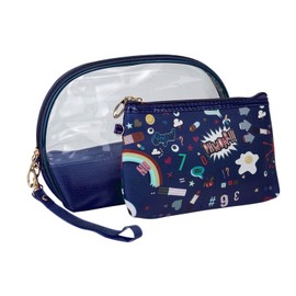 Emartbuy Travel Cosmetic Essentials Set of 2 Water Resistent Transparent Make Up Bag Toiletry Case Wash Organiser Storage Pouch Kit - Printed Blue