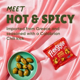 Freestyle Snacks Olive Snack Packs - As Seen on Shark Tank - Single Serve - Fresh Pitted Green Olives, Grown in Greece, All Natural, Non-GMO, Sugar-Free, Salty Snack – Hot & Spicy, 1.1oz (24 Pack)