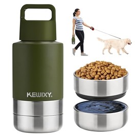 KEWIXY - Botella de agua aislada de viaje para perros con cuencos desmontables, dispensador portátil 3 en 1, accesorios para perros para caminar, senderismo, camping, al aire libre (verde oliva, 32