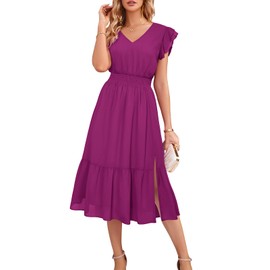 Dress for Women Gold Dots 2023 Summer Midi Dress V Neck Ruffle Sleeve A-Line Swing Flowy Tiered Cocktail Dresses Rose Red L