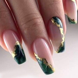 Green Marble Press on Nails with Gold Foil Design Fake Nails Long Square Full Cover Glue on Nail Glossy Artificial Stick on Nail for Women