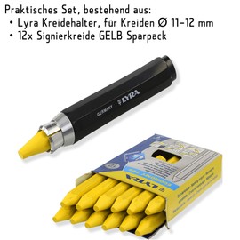 Lyra Professional Marking Chalk with Chalk Holder - Signing Chalk for Wood, Metal, Stone, Concrete, Tiles, Forestry Chalk, Pack of 12 (Yellow)