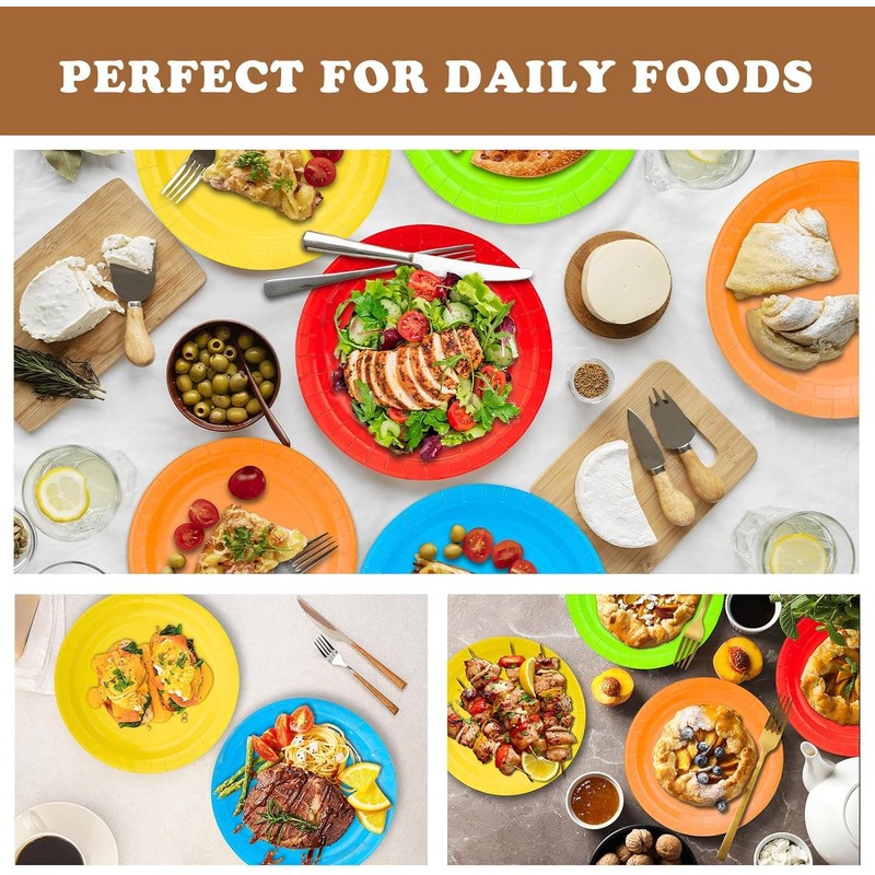 Colorful Round Disposable Paper Plates - 50Pcs Rainbow Party Dinner
