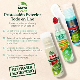 Maya Solar Pack 3 en 1: Bloqueador Solar + Repelente Premium + Crema After Sun | Fórmulas Naturales y Biodegradables | Uso Familiar | Perfecto para Playa y Aventuras al Aire Libre