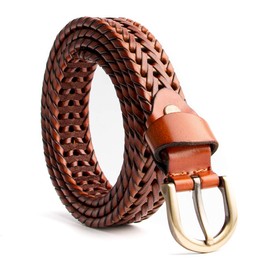 ECHAIN Women Braided Woven Genuine Leather Narrow Belt 25mm Wide (Brown, waist:23-28)