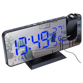 ThreeH Projektionswecker Radio Digitaler Wecker 4 Dimmer & 180° drehbar & 2 Töne 7,4'' großes Spiegeldisplay Schwarz-Blau
