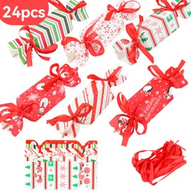 LOKIPA 24PCS Christmas Candy Boxes, 6 Styles Christmas Treat Gift Boxes Xmas Paper Boxes with Ribbon Candy Shape Small Sweet Boxes for Xmas, Wedding Party Wrap Bag