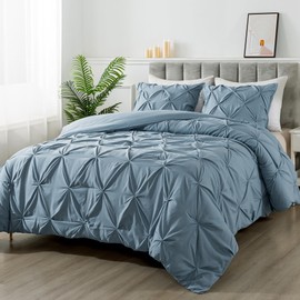 Andency Grayish Blue California King Pinch Pleat Comforter Sets(104x96Inch), 3 Pieces Cal King Pintuck Comforter, Oversized Boho Shabby Chic Bed Comforter, Lightweight Soft Microfiber Bedding Sets