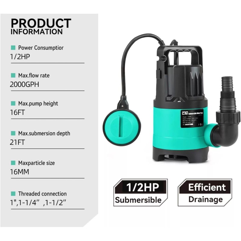 Prostormer Sump Pump, 2000GPH 1/2 HP Submersible Water Pump with