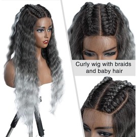 FASHION IDOL Lace Front Natural Gray Synthetic Curly Wigs 31" Long Water Wavy Wig for Women Natural Gray with Three-Pointed Slit HD Lace Wig for Girls