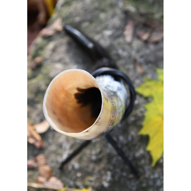 Battle-Merchant High Quality Viking Drinking Horn with Stand and Fenrir