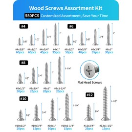 DIVANC 550Pcs 304 Stainless Steel Wood Screws Assortment Kit, Phillips Flat Head Sheet Metal Screw Self Tapping Screws Set, #4#6#8#10#12 Wood Assorted Screws, Length 1/4" to 1-1/2" (Flat Head 550PCS)