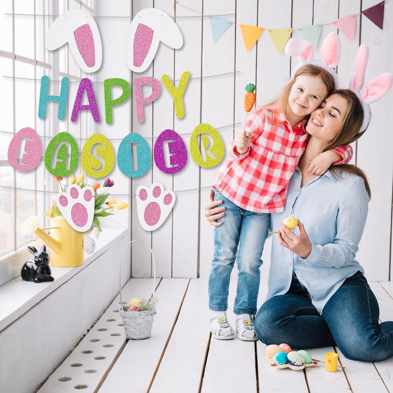Happy Easter Bunny Banner with Bunny Paw Ears and Eggs