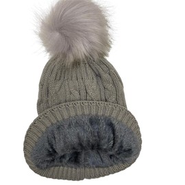 YAHOMI® Ladies Warm Chunky Cable Knit Hat Women's Girl's Winter Fleece Lined Beanie Hats with Faux Fur Pom Pom (Grey)