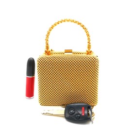 XX-Small clutch Metal beaded mesh evening box purse for Cocktail Party Prom Wedding Banquet (Gold)