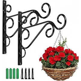WSTELHH 2Pcs Iron Plant Hanger Wall Hooks,Hanging Basket Brackets Wrought Iron Bracket for Lantern Planter Flower Hanger Fence