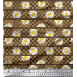 Soimoi Brown Velvet Fabric Stripe,Square & Daisy Floral Printed Craft Fabric BTY 58 Inch Wide