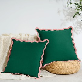 MONDAY MOOSE Decorative Throw Pillow Covers Cushion Cases, Set of 2 Soft Velvet Scalloped Wavy Edge Designs, Mix and Match for Home Decor, Pillow Inserts Not Included (Pink/Green, 16x16 inch)