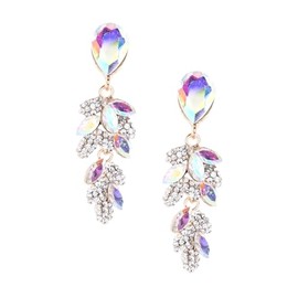 (40695-201) Gold Aurora Borealis Rhinestone Teardrop & Leaf Shaped Dangle Earrings