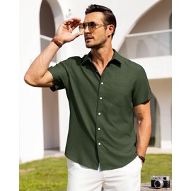Alimens & Gentle Mens Linen Shirts Short Sleeve Button Down Shirts Wrinkle Free Casual Vacation Beach Summer Tops,Olive Green,S
