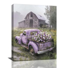 Farmhouse Truck Wall Decor Old Truck Pictures Wall Art Rustic Barn Canvas Painting Country Artwork Rustic Home Decoration for Bathroom Living Room Bedroom Office Framed 12x16 inch