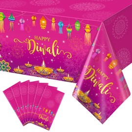 6 Pack Happy Diwali Disposable Tablecloth, Festival of Lights Plastic Table Cover for Rectangle Tables, Diwali Table Cloth for Indian Diwali Light Celebration Party Supplies Decorations, 54×108 Inch