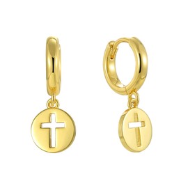 Charm-In I 14K Gold Plated Cross Earrings-Drop Huggie Charm Earrings Coin Dangle Earrings-EveryDay Versatile Jewelry Hypoallergenic and Lightweight - Ideal Birthday Gift