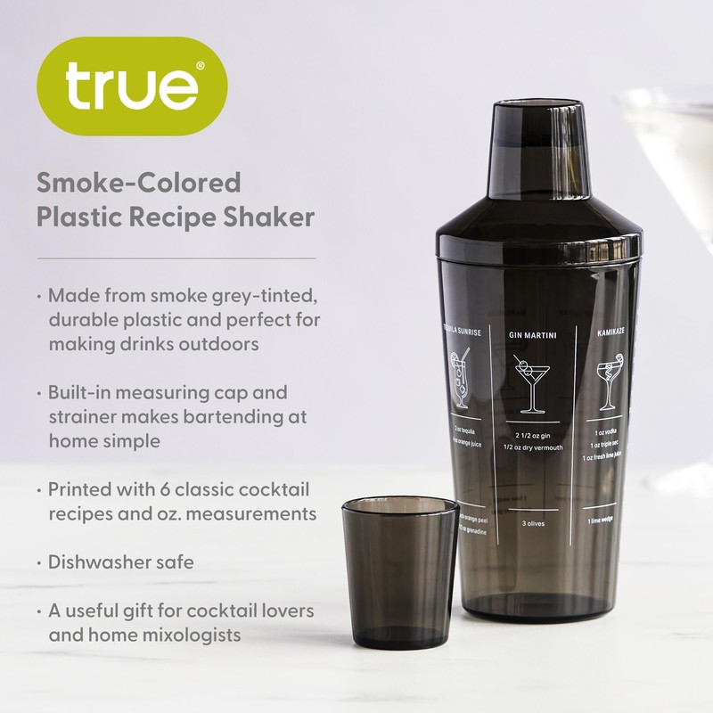 True Smoke Tinted Plastic Cocktail Shaker with Measurements, Includes 6