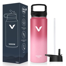 Termo de Acero Inoxidable, Termo de Agua con 2 Tapas, para Agua Fría (24 horas) o Caliente (12 horas), Doble Pared y Tapa Hermética Antigoteo, con Asa para Transportar (Rojo, 700ml/24Oz)