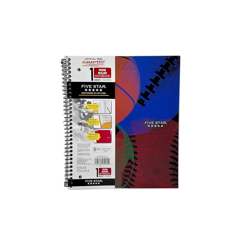 Five Star Spiral Notebook, 1 Subject, Wide Ruled Paper, 100