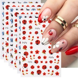 6 Sheets Summer Flower Nail Art Sticker Decals, 3D Cartoon Ladybug Red Petals Nail Stickers Spring Nail Decals for Nail Art Cute Insect Bee Butterfly Nail Supplies Self Adhesive Decals for Women