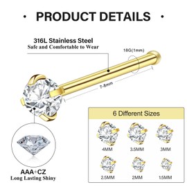 WINSENET 12Pcs Nose Rings Studs 18G Nose Studs Stianless Steel Nose Rings for Women Hypoallergenic Nose Piercings Jewelry Gold