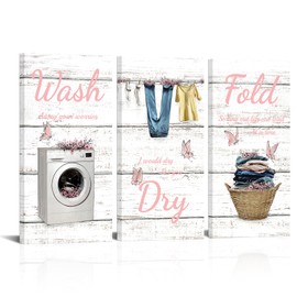 WELMECO Laundry Signs Laundry Room Wall Decor Wash Dry Fold Picture Framed Prints Farmhouse Laundry Decor 6x12inchx3Pieces (Pink)