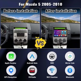 8 Core, 4G+64G Android 13 Car Stereo Radio for Mazda 5 2005-2010 Wireless Apple Carplay Android Auto 9 Inch IPS Touchscreen GPS Navigation DSP Audio Bluetooth 5.0 FM/RDS 32EQ WiFi SWC+Backup Cam&Mic