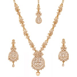 Touchstone - Juego de collar de joyería de diseño de Bollywood indio magnífico y intrincado de mano de obra con diamantes de imitación brillantes para boda, en tono dorado o plateado para mujer.,