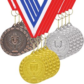 Donrime Medals for Awards, 12 Pieces Gold Silver Bronze Metal Medals Winner Medals with Ribbon Necklace for Sports Day Prizes, Gymnastics Competitions, Party Gifts, Kids Adults