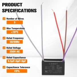 Ceiling Fan Capacitor 5 Wire for Compatible with New TECH Harbor Breeze 4.5uf 6uf 6uf 50/60Hz AC 250V CBB61