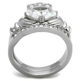 YourJewelleryBox Irish Claddagh Ring Stainless Steel Simulated Diamond Wedding Set Band Size T TK2119PB