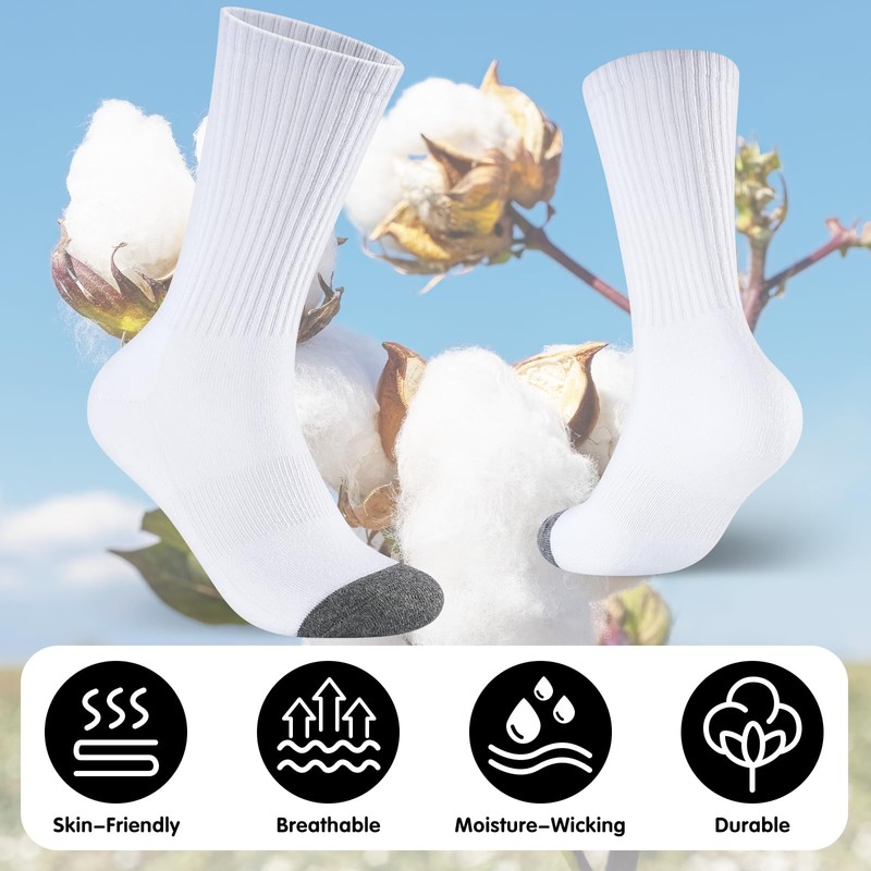 Monxiery Mens 100% Cotton Cushioned Crew Socks, Athletic Performance Moisture