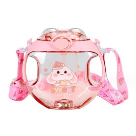 450ml Kids Water Cup with Handle and Lanyard Plastic Straw Cup Spray Function Drink Cup Cartoon Appearance Pink