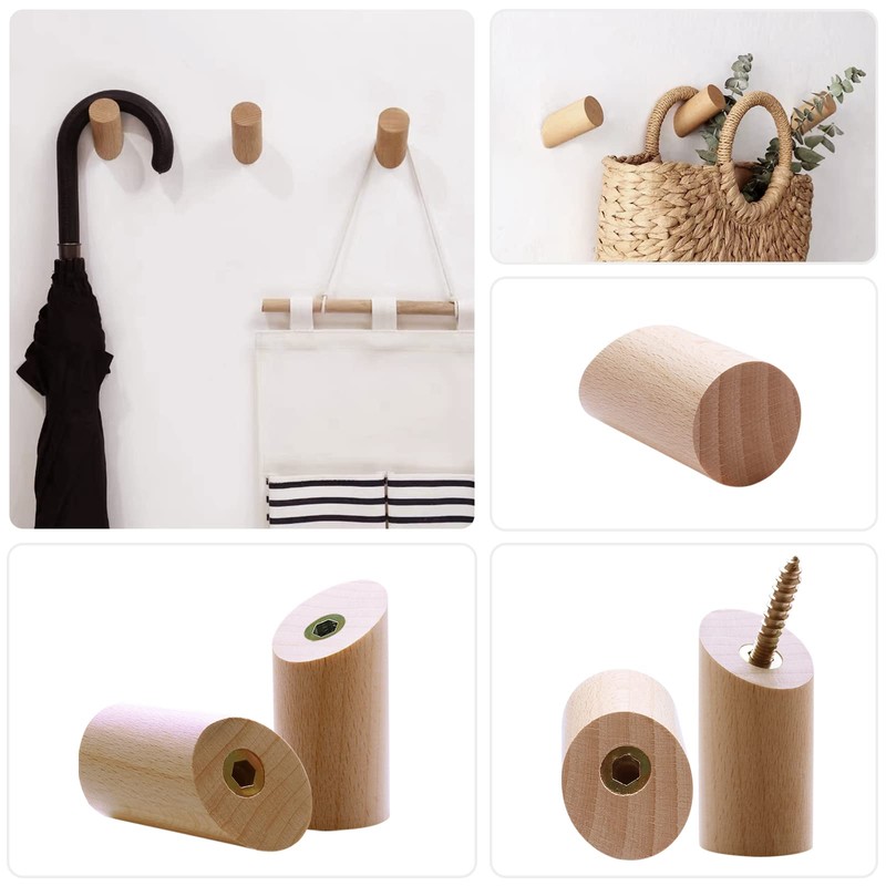 MAIXINNEW 6 Pcs Wooden Coat Hooks, Wall Mounted Wood Coat