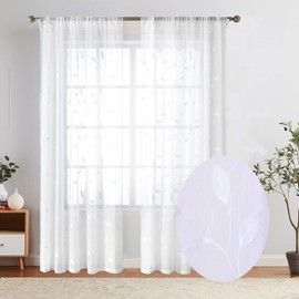 FLCSIed - Cortinas transparentes elegantes con diseño de hojas bordadas, cortinas florales de primavera para recámara, filtrar la luz, bolsillo para barra, tratamientos de ventana, 2 paneles (blanco