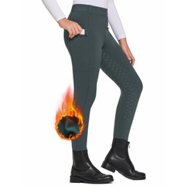 FitsT4 Sports Kids' Winter Fleece Lined Riding Breeches Girls Silicone Full Seat Equestrian Pants Schooling Tights with Pockets,Grey,XS