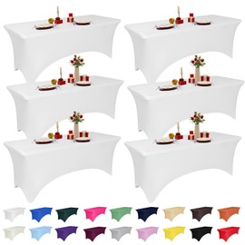 6 Pack 8 Feet White Spandex Tablecloth for Rectangular Tables, Fitted & Stretch, Washable, Wrinkle Resistant, Perfect for Event, Wedding, Party, Banquet, Cocktail, Festival, and Table Protector
