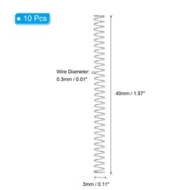 PATIKIL Compression Spring, 0.3mm Wire Dia x 3mm OD x 40mm Length, 10pcs 304 Stainless Steel Mechanical Extension Small Springs Pin Springs Assortment Kit