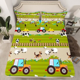 Tractor Bed Sheets for Boys Twin Size, Toddler Kids Cute Cartoon Farm Animals Cow Goat Dog Sheep Truck Sheet Set Farmhouse Country Cozy Comforter for All Season Room Decor