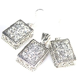 SILVER Vintage Style Shiny Silver Titanium Druzy Rectangular Pendant & Earrings Jewelry Set