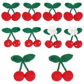 WADORN 10Pcs 4 Styles Crochet Cherries, Knitting Cherry Patches Sewing on Appliques Handmade Crochet Sweet Cherry Pendant Fruit Crocheted Accessories for DIY Keychain Clothes Bag Hair Clip Decoration