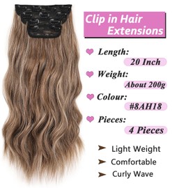 Samtress Clip in Hair Extensions for Women 20 Inch 4 PCS Long Wavy Clip in Hair Extension Synthetic Fiber Thick Hairpieces Brown Mixed Blonde (#8AH18)