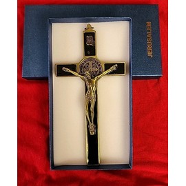 SAINT BENEDICT BLACK  Enamel metal Golden Color Wall Cross Saint Benedict  Crucifix 7×3.5"
